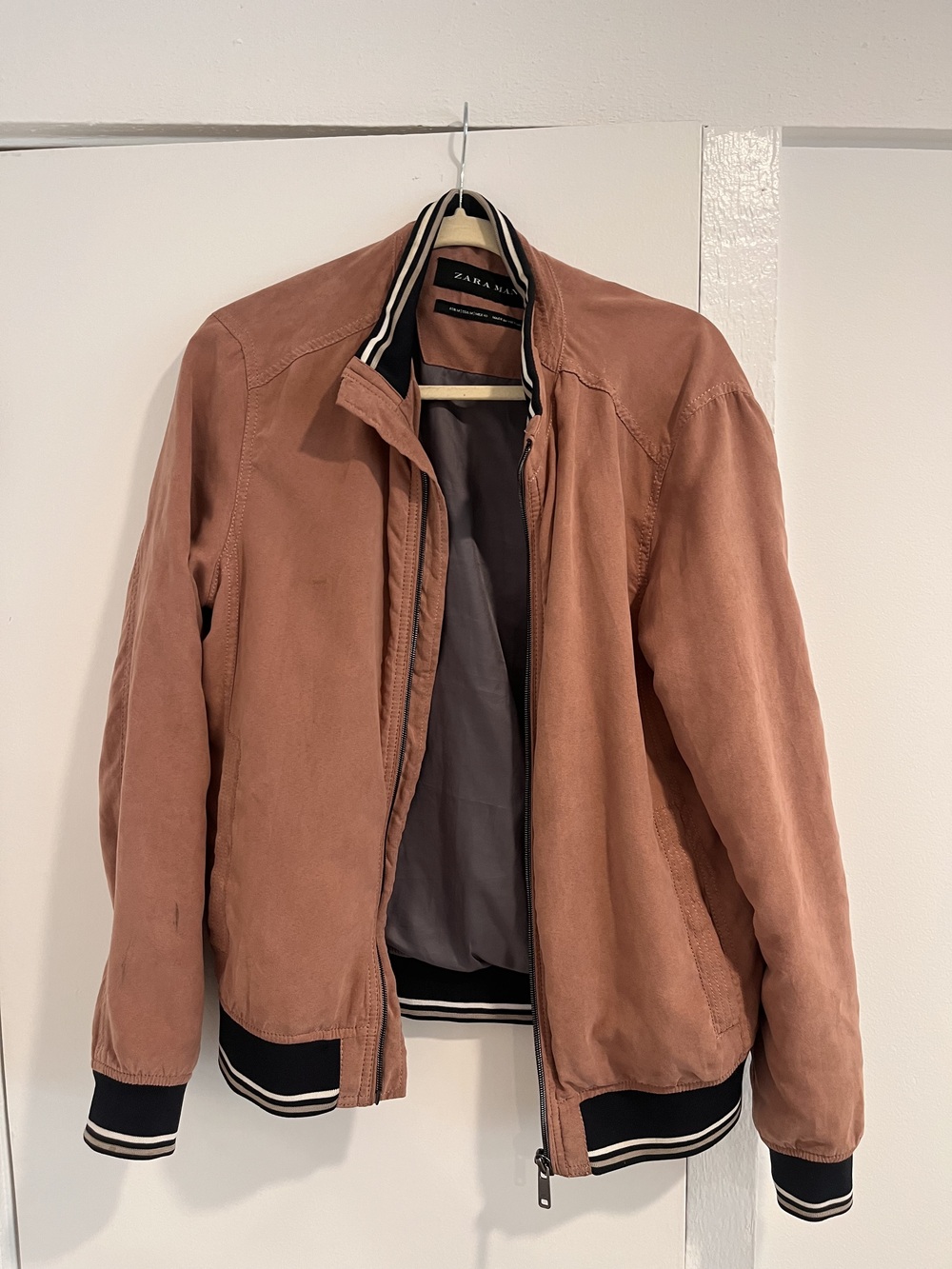 Zara Man Dusty Rose Faux Suede Bomber Jacket Varsity Stripe Trim M